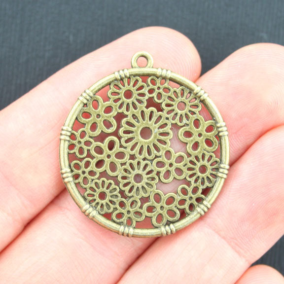 5 Flower Circle Antique Bronze Tone Charms 2 Sided - BC1038