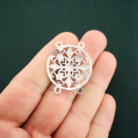 5 Flower Connector Antique Silver Tone Charms - SC6792