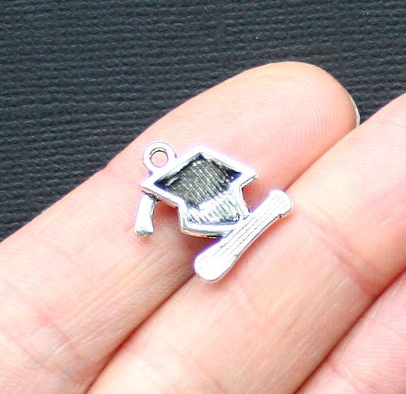 5 Graduation Cap Antique Silver Tone Charms - SC3093