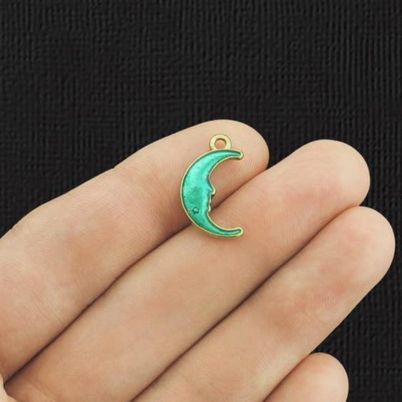 5 breloques en émail doré vert croissant de lune 2 faces - E1131