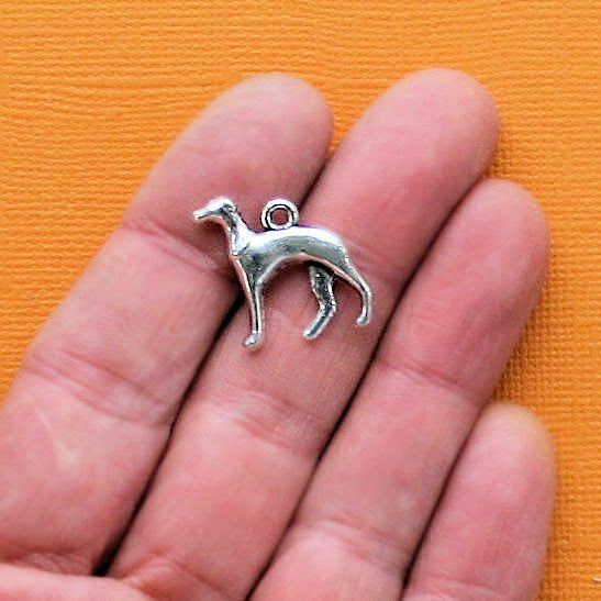 5 Greyhound Dog Antique Silver Tone Charms 2 Sided - SC1665