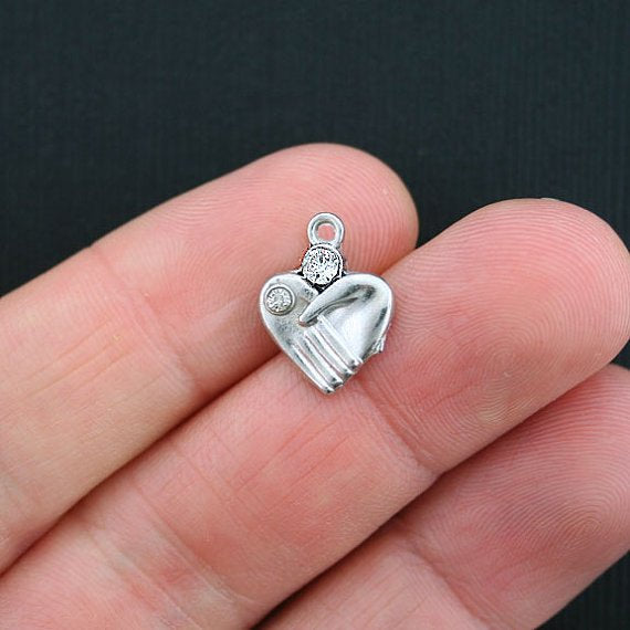 5 Mains Coeur Antique Silver Tone Charms avec Strass Incrustés - SC3454