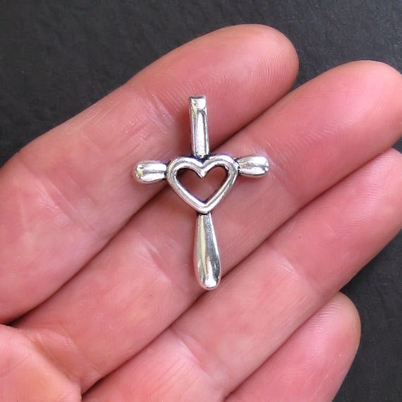 5 Heart Cross Antique Silver Tone Charms - SC122