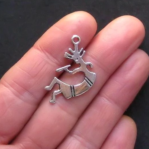 5 Kokopelli Antique Silver Tone Charms 2 Sided - SC713