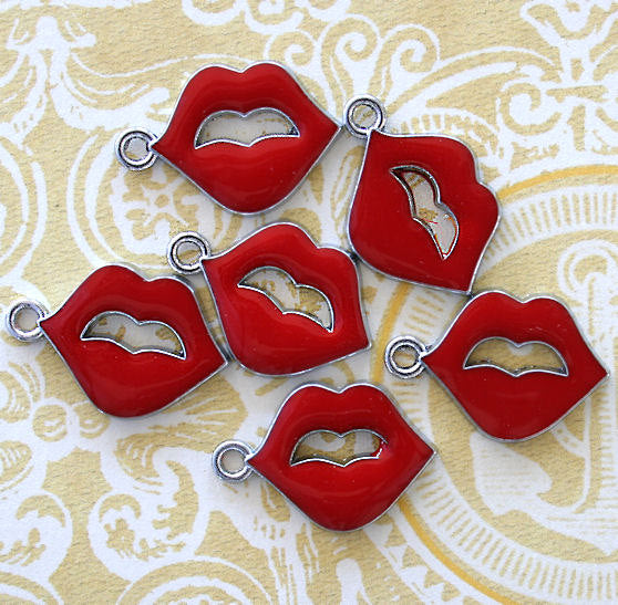 5 Lips Silver Tone Enamel Charms - E028