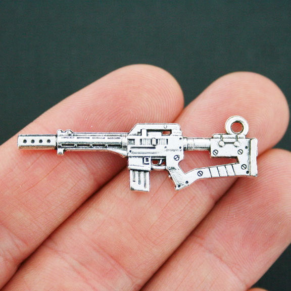 5 Machine Gun Antique Silver Tone Charms 2 Sided - SC5097