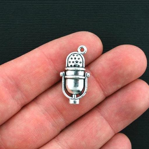 5 Microphone Antique Silver Tone Charms 2 Sided - SC3430