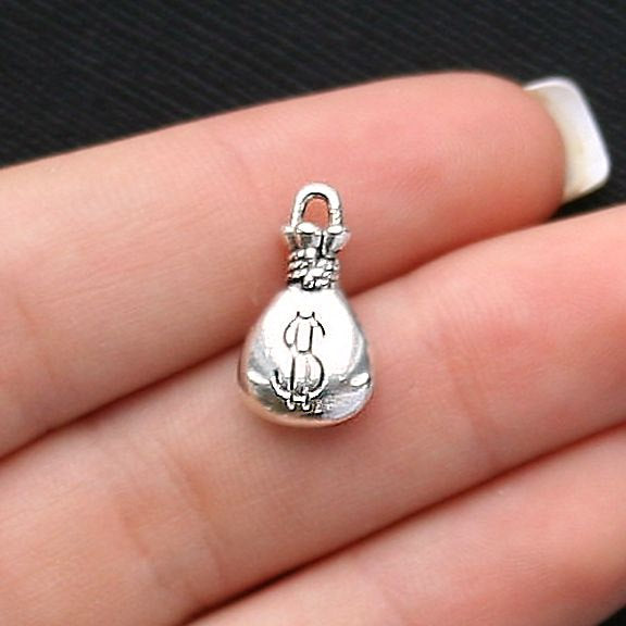 5 Money Bag Antique Silver Tone Charms 2 Sided - SC1862