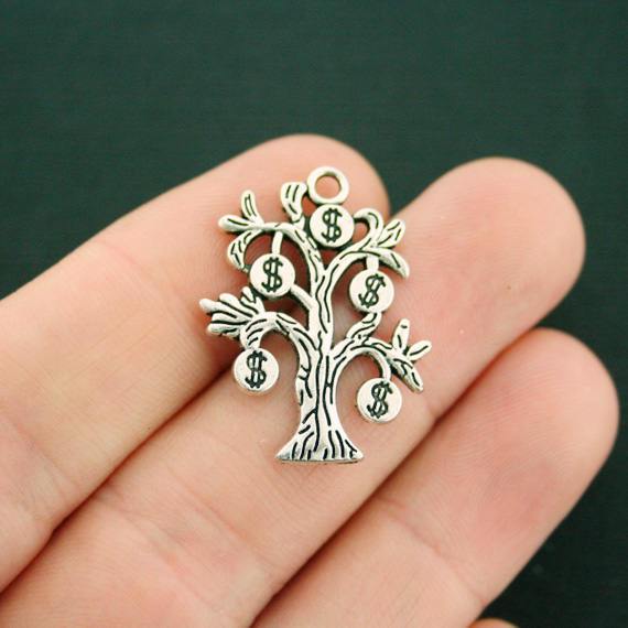 5 Money Tree Antique Silver Tone Charms - SC7522