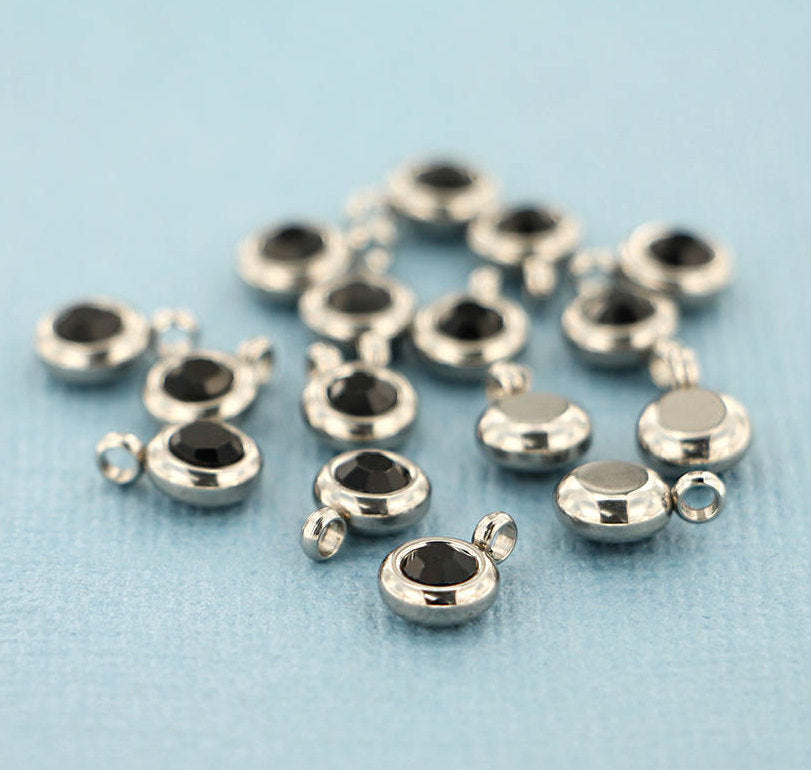 5 Onyx Rhinestone Silver Tone Stainless Steel Charms - FD141