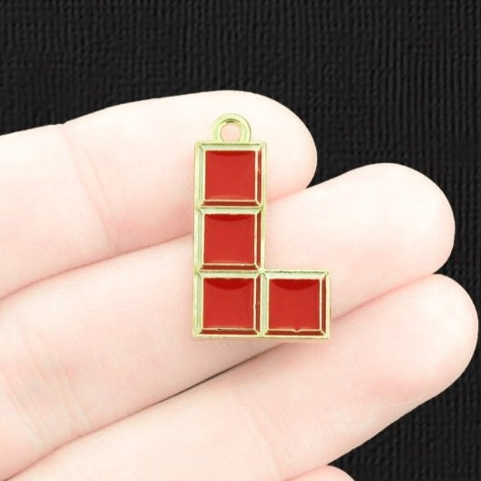 5 Red Retro Puzzle Game Gold Tone Enamel Charms - E1373