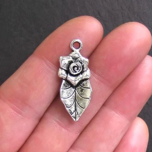 5 Rose Leaf Antique Silver Tone Charms - SC417