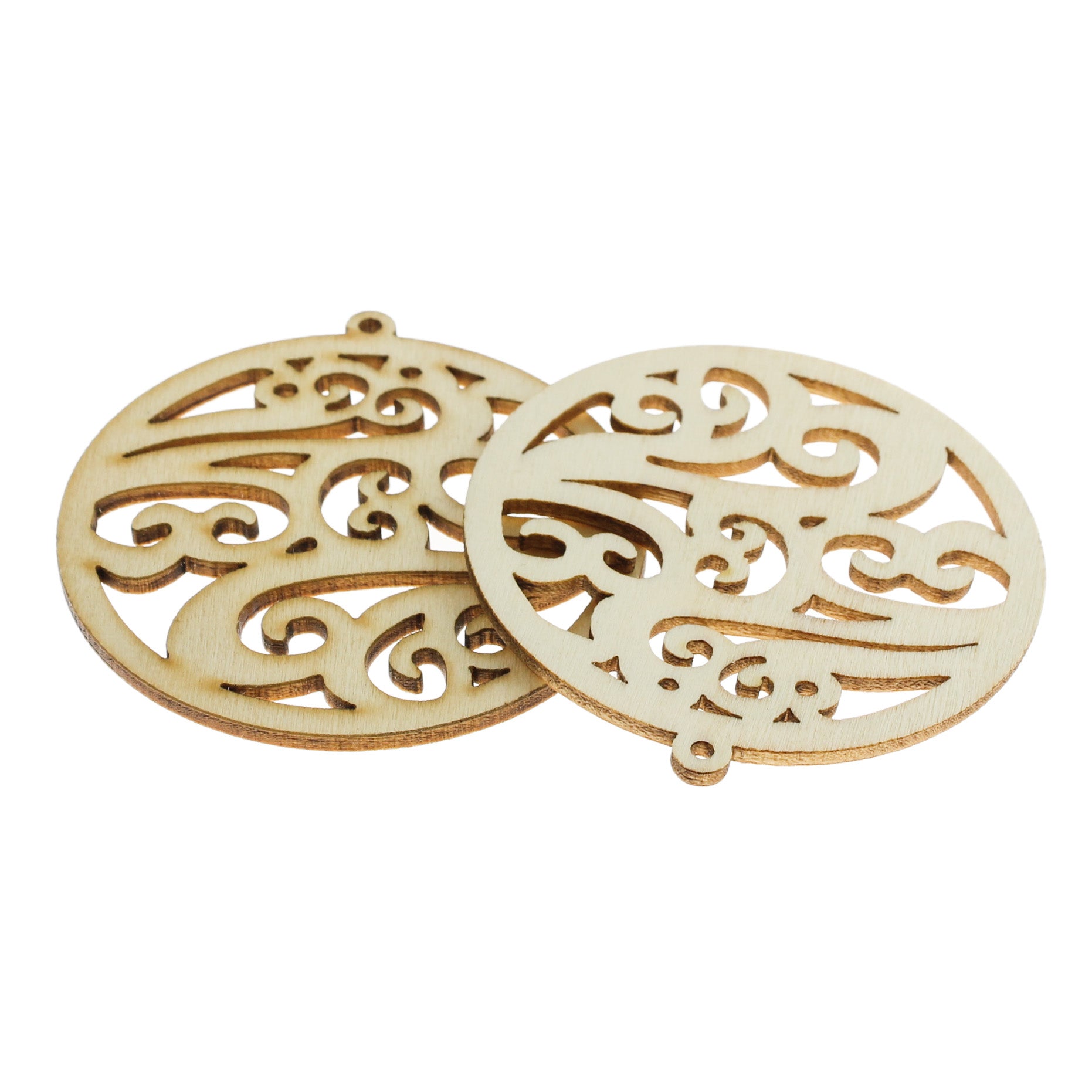 5 Round Filigree Natural Wood Charms - WP445