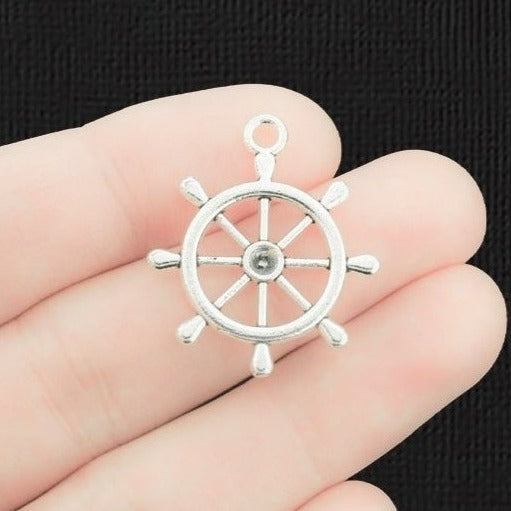 5 Ship Wheel Antique Silver Tone Charms 2 Sided - SC458