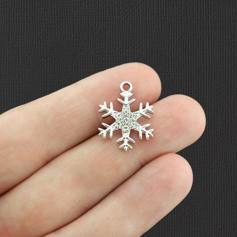 5 Snowflake Silver Tone Charms With Inset Rhinestones - SC5970