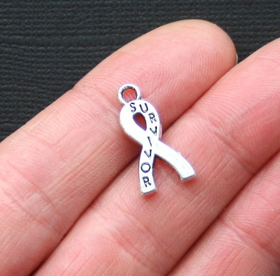 5 Survivor Awareness Ribbon Antique Silver Tone Charms - SC2936