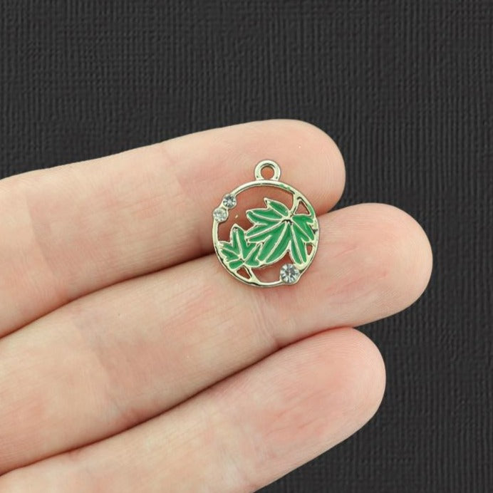 5 breloques en émail doré feuille de mauvaises herbes avec strass incrustés - E959