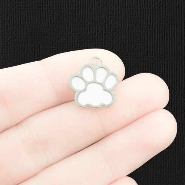 5 White Dog Paw Silver Tone Enamel Charms - E1399