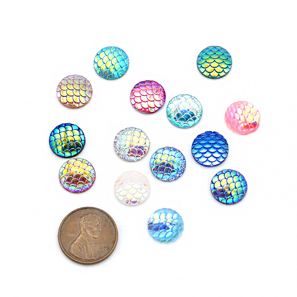 50 dômes cabochons résine écailles de sirène assortis 12mm - CBD001