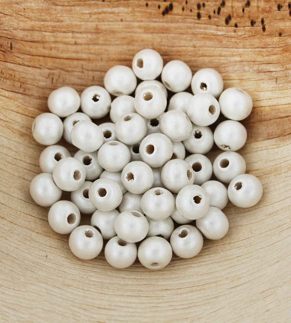 50 Wooden Beads 8mm Painted - Soft White With a Pearl Finish - BD1557
