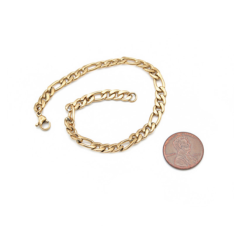 Gold Stainless Steel Figaro Chain Bracelets 8" - 5mm - 5 Bracelets - N746