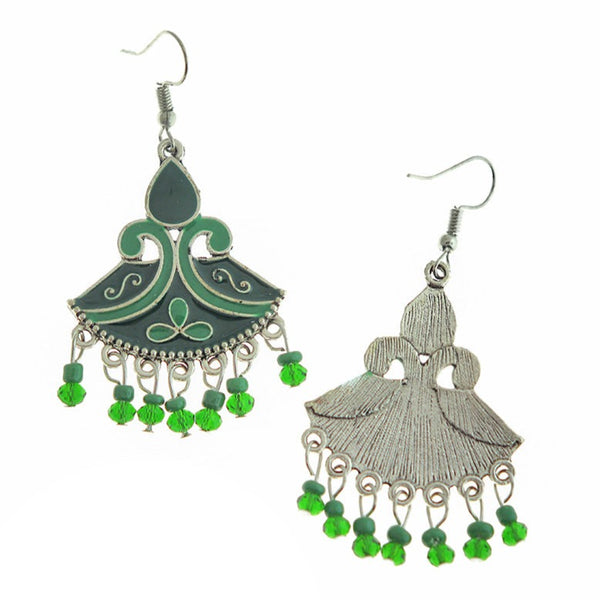 Green Enamel Dangle Earrings - Silver Tone French Hook Style - 2 Pieces 1 Pair - ER543
