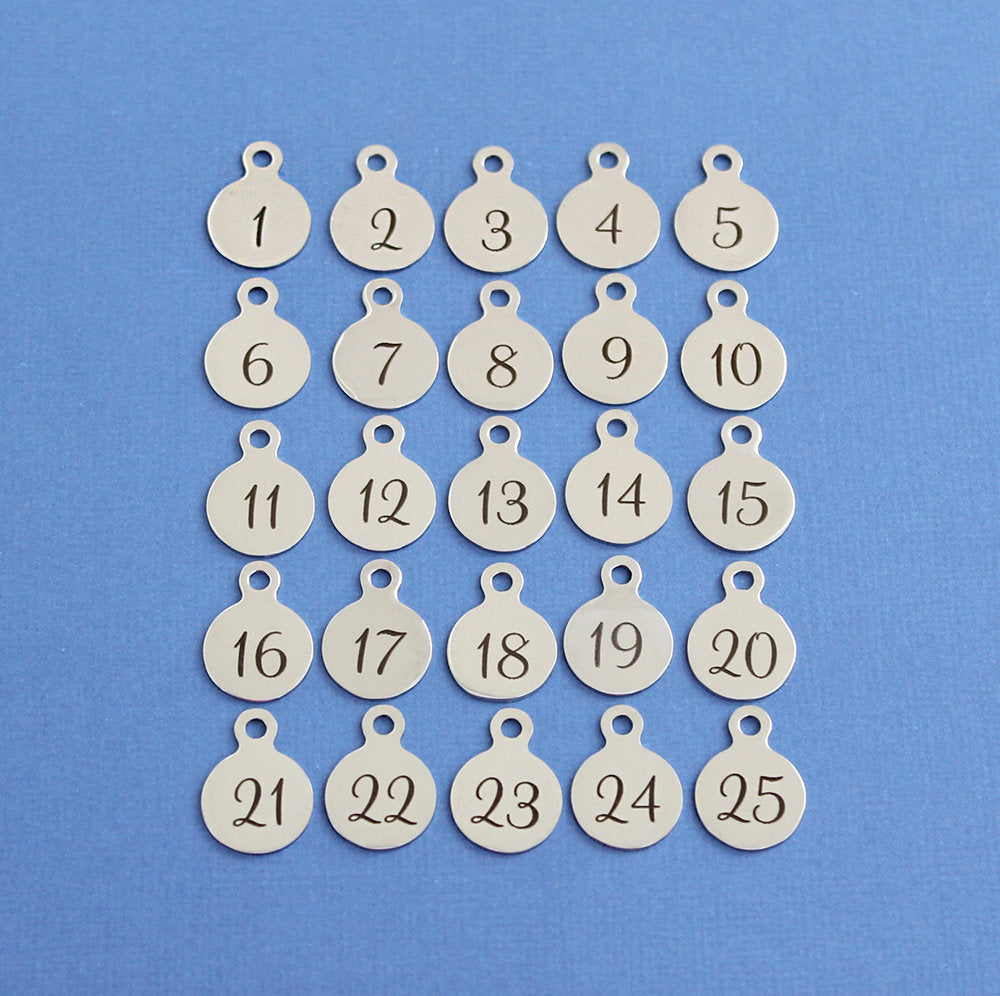 Bulk 20 Stainless Steel Number Charms - Choose Your Number - 1 - 25 Cursive Font - NUMBER002IND-B 25