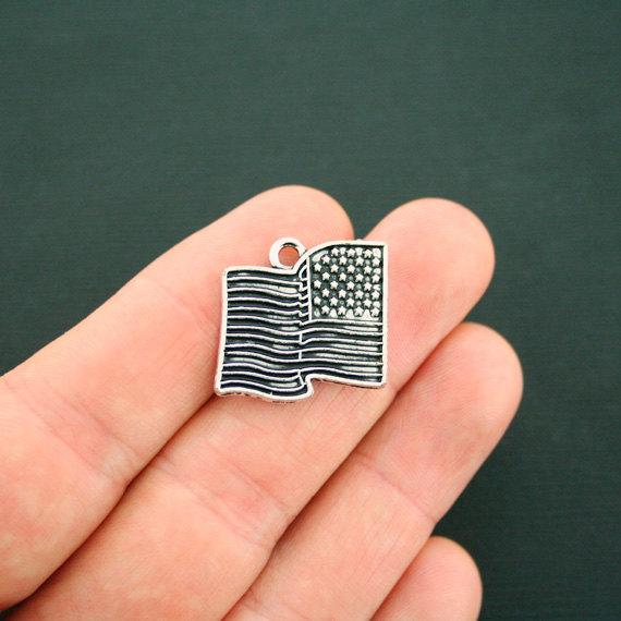 6 American Flag Antique Silver Tone Charms 2 Sided - SC6244