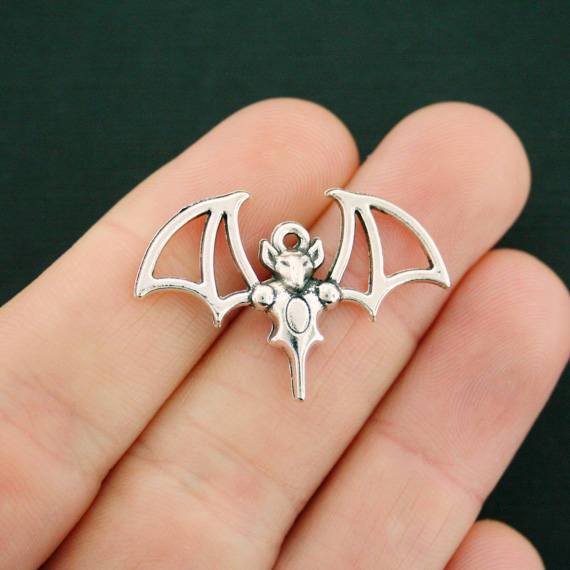 6 Bat Antique Silver Tone Charms - SC7448