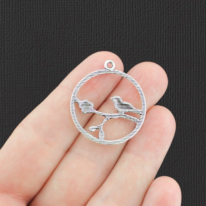 6 Bird on a Branch Antique Silver Tone Charms - SC8040