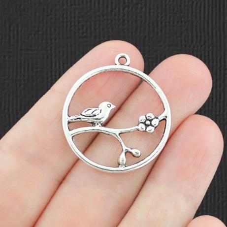6 Bird on a Branch Antique Silver Tone Charms - SC8040