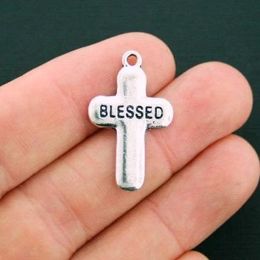 6 Blessed Cross Antique Silver Tone Charms - SC6110