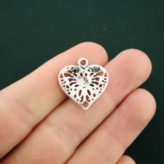 6 Butterfly Heart Antique Silver Tone Charms - SC6091