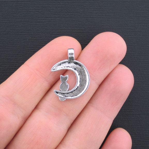 6 Cat and Moon Antique Silver Tone Charms - SC1272