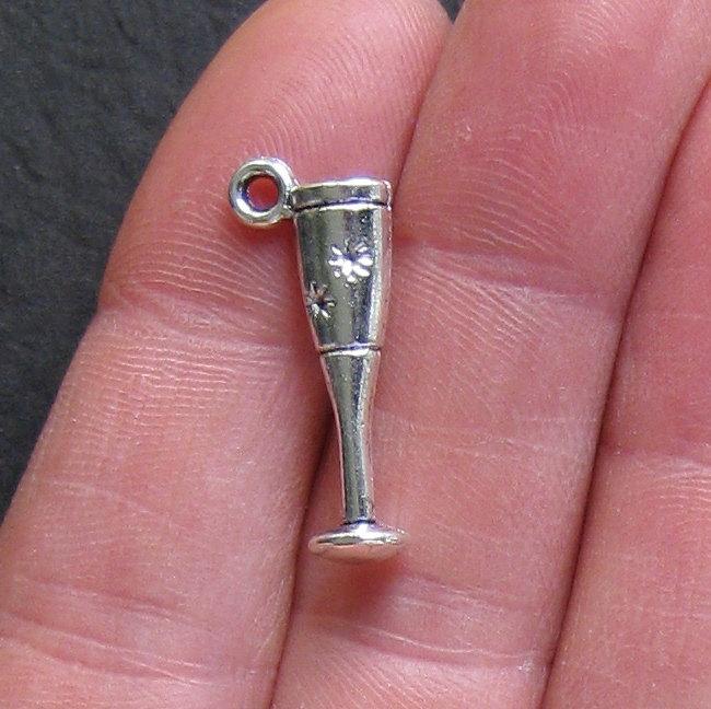 6 Champagne Glass Charms Antique Silver Tone 2 Sided - SC093