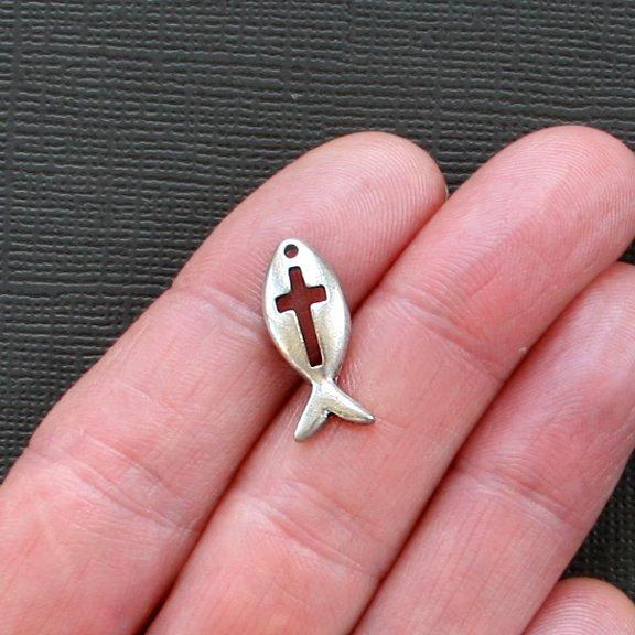 6 breloques de ton argent antique poisson chrétien - SC1655