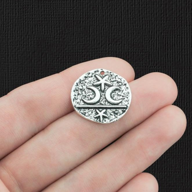 6 Crescent Moon Star Antique Silver Tone Charms - SC7173