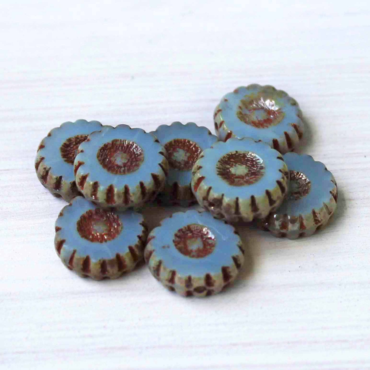 6 Daisy Coin Czech Pressed Glass Beads - 12mm - Choose Your Color!
