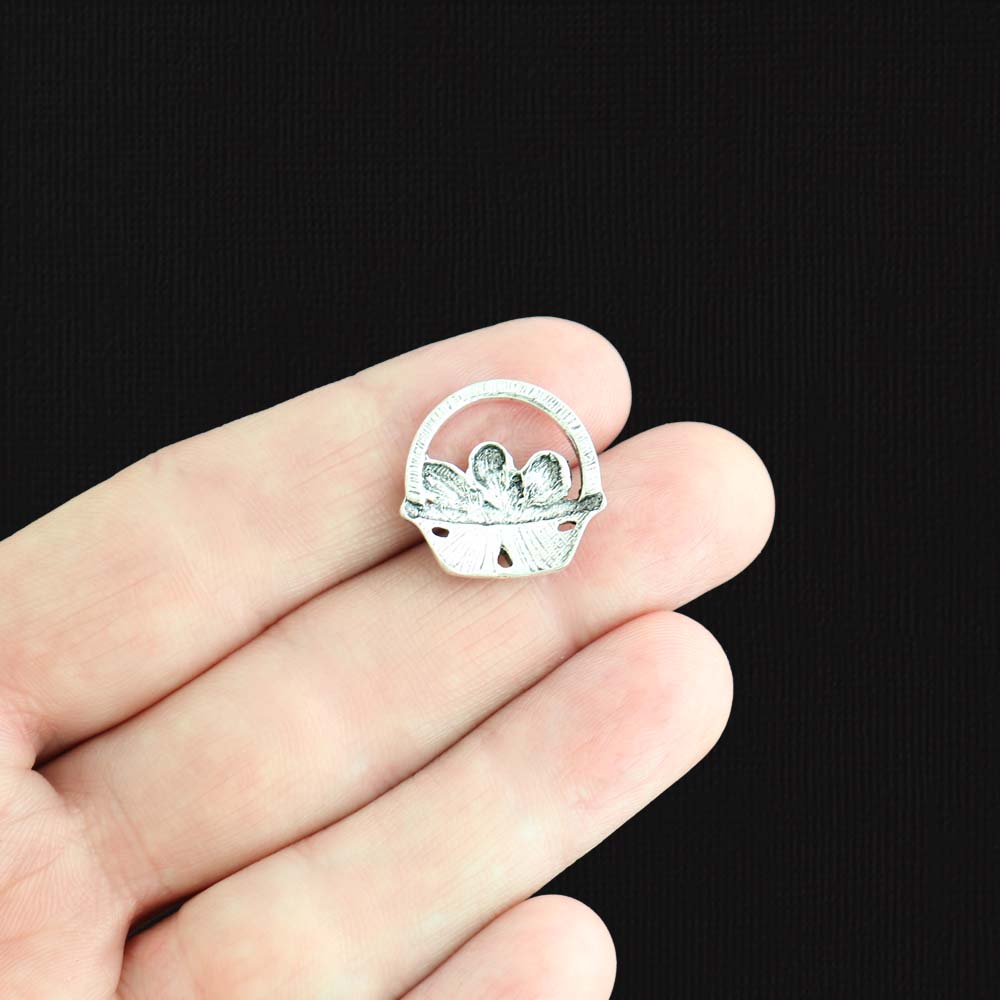 6 Easter Basket Antique Silver Tone Charms - SC1197