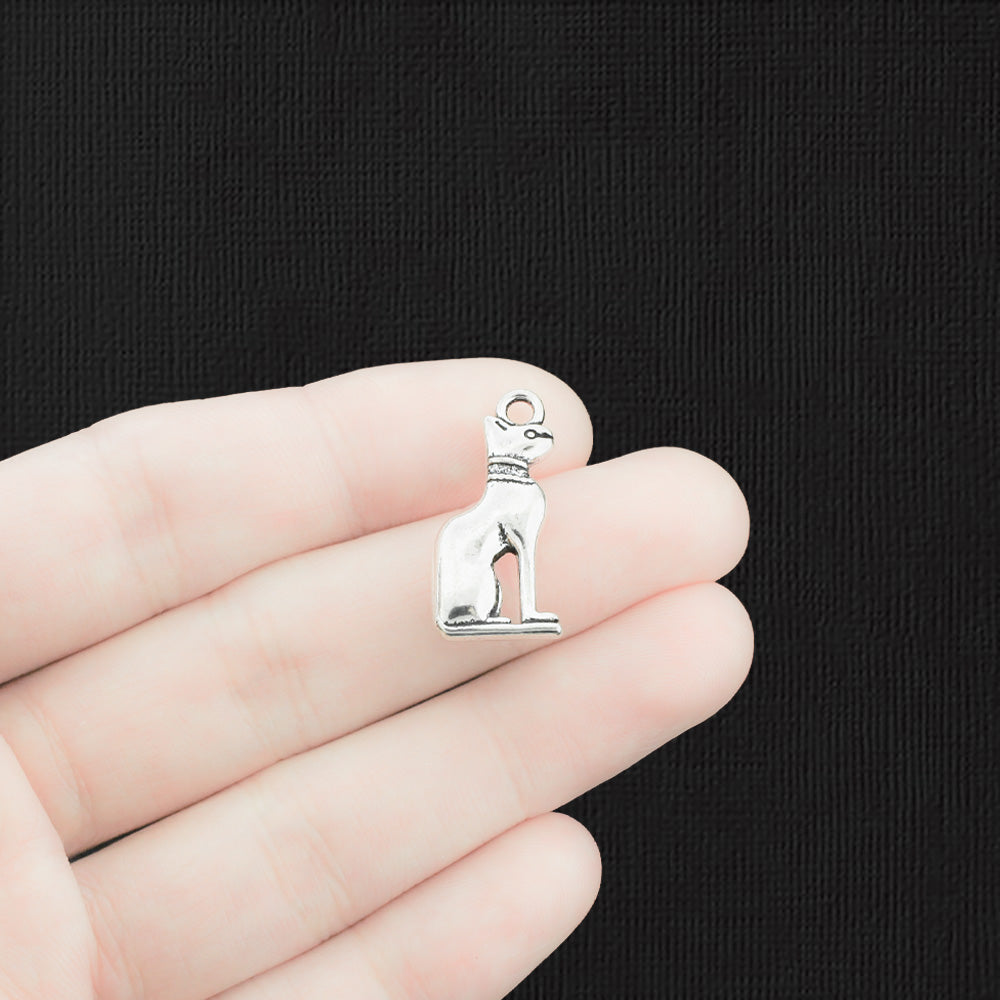 6 Egyptian Cat Antique Silver Tone Charms 2 Sided - SC1435