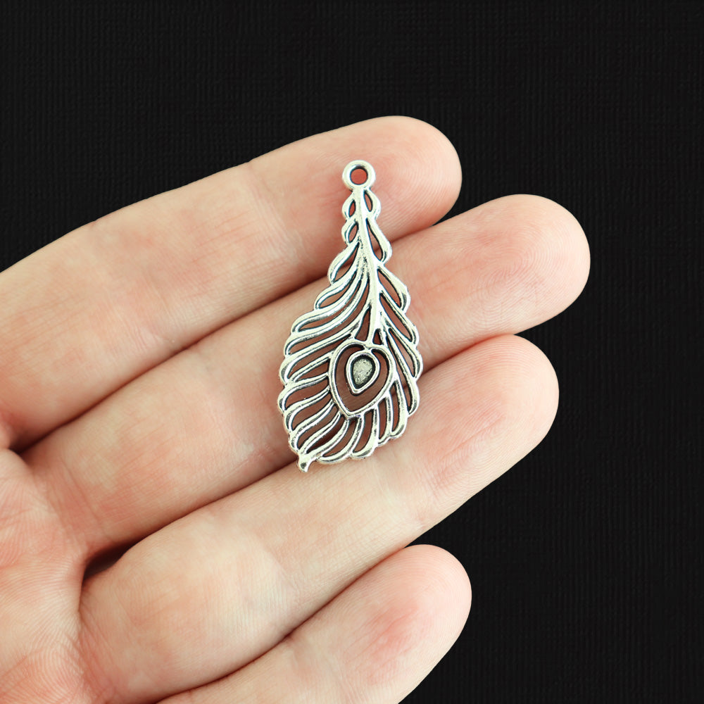 6 Feather Antique Silver Tone Charms 2 Sided - SC261