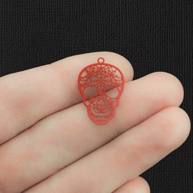6 breloques en acier inoxydable émail rouge tête de mort en filigrane 2 faces - SSP336