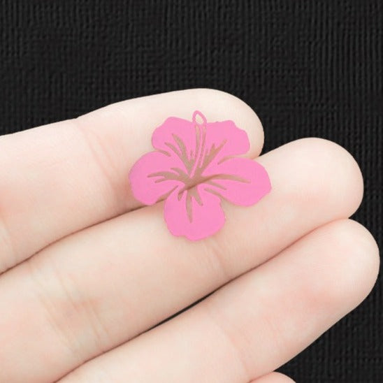 6 breloques filigrane fleur tropicale émail rose cuivre 2 faces - E1466