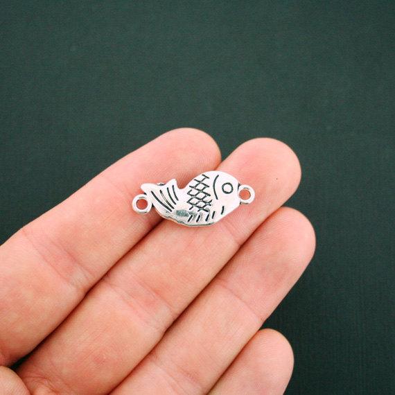 6 Fish Connector Antique Silver Tone Charms 2 Sided - SC6082