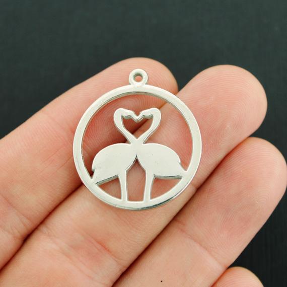 6 Flamingo Antique Silver Tone Charms 2 Sided - SC7806