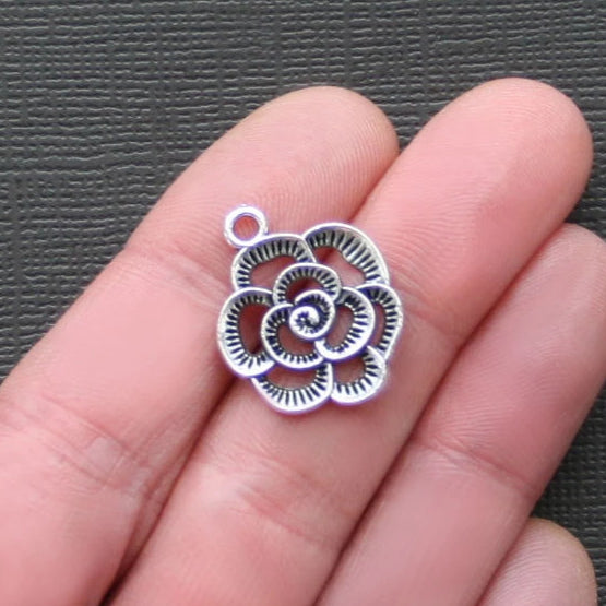 6 Flower Antique Silver Tone Charms - SC2145