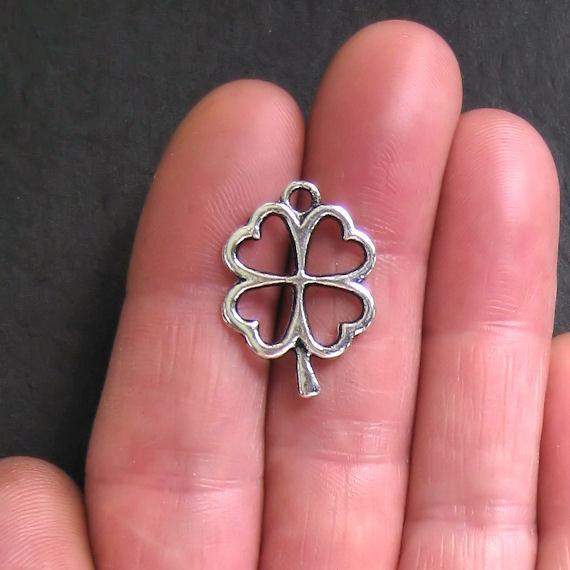 6 Four Leaf Clover Antique Silver Tone Charms 2 Sided - SC476