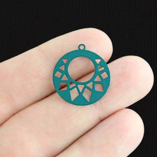 6 Geometric Round Teal Enamel Charms 2 Sided - E1494