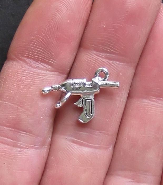 6 Glue Gun Antique Silver Tone Charms 2 Sided - SC1409