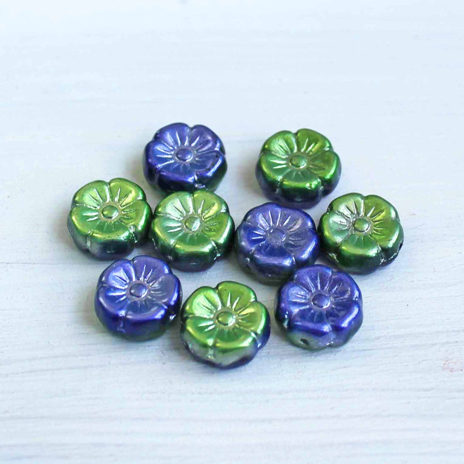 6 Hawaiian Flower Czech Pressed Glass Beads - 12mm - Dual Metallic Tones - Choose Your Color!